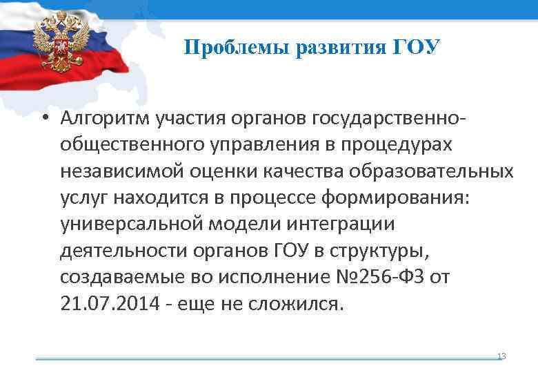 Проблемы развития ГОУ • Алгоритм участия органов государственнообщественного управления в процедурах независимой оценки качества