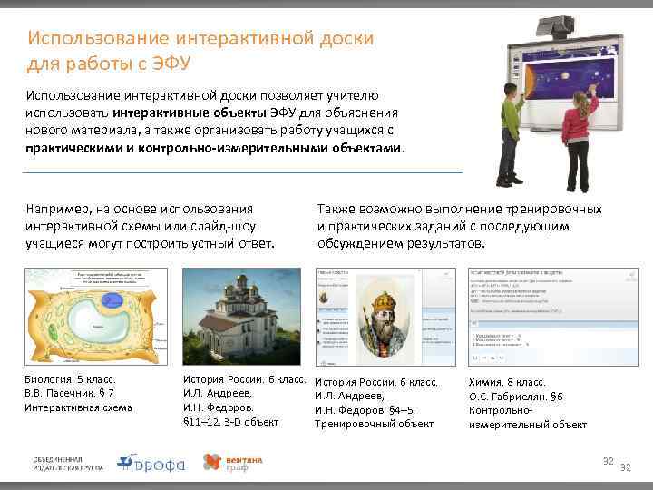 Использование интерактивной доски для работы с ЭФУ Использование интерактивной доски позволяет учителю использовать интерактивные