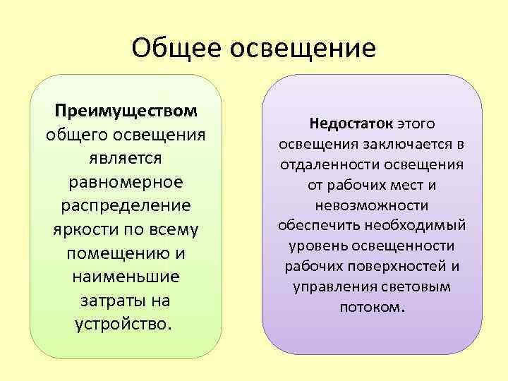 Общее освещение Преимуществом общего освещения является равномерное распределение яркости по всему помещению и наименьшие