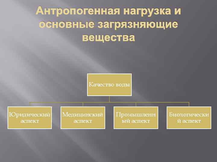 Антропогенная нагрузка и основные загрязняющие вещества Качество воды Юридический аспект Медицинский аспект Промышленн ый