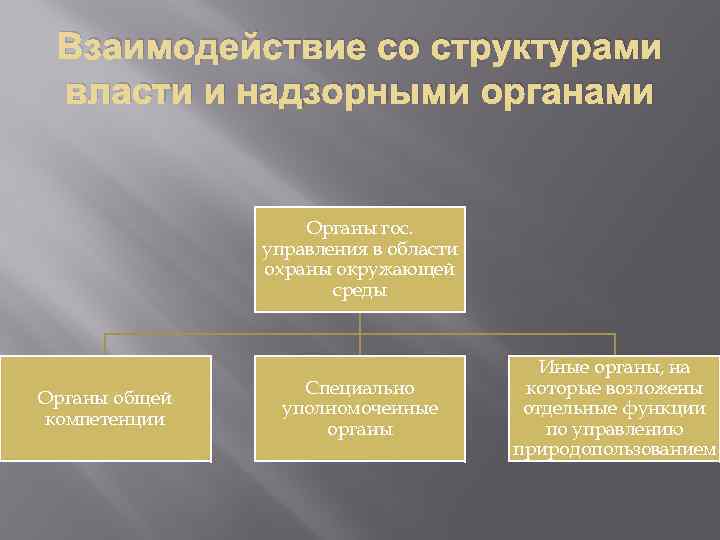 Взаимодействие со структурами власти и надзорными органами Органы гос. управления в области охраны окружающей