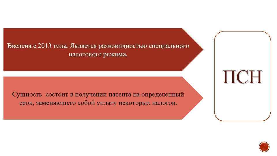 Введена с 2013 года. Является разновидностью специального налогового режима. ПСН Сущность состоит в получении