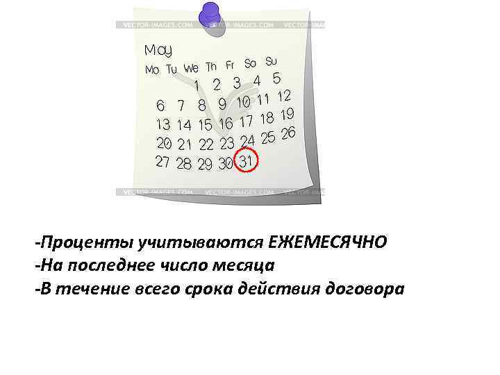 -Проценты учитываются ЕЖЕМЕСЯЧНО -На последнее число месяца -В течение всего срока действия договора 