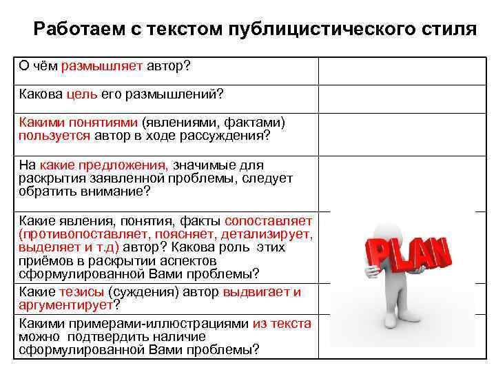 Работаем с текстом публицистического стиля О чём размышляет автор? Какова цель его размышлений? Какими