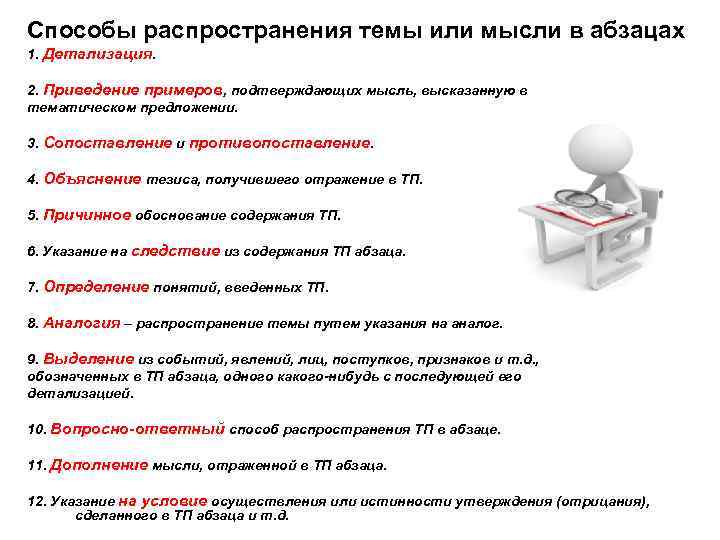 Способы распространения темы или мысли в абзацах 1. Детализация. 2. Приведение примеров, подтверждающих мысль,
