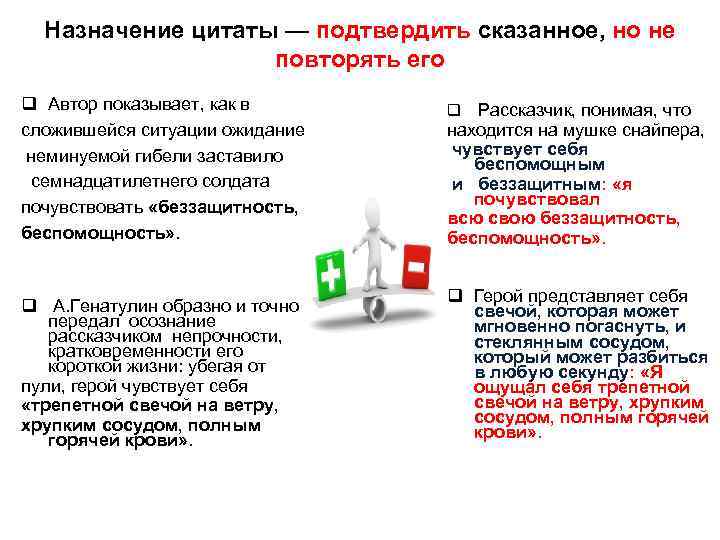 Назначение цитаты — подтвердить сказанное, но не повторять его q Автор показывает, как в