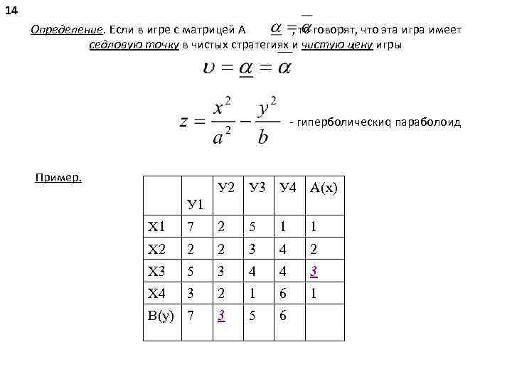14 Определение. Если в игре с матрицей А , то говорят, что эта игра