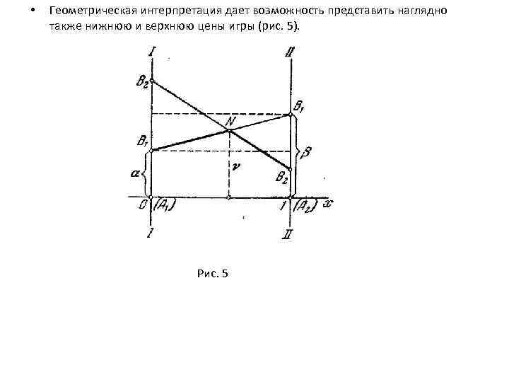  • Геометрическая интерпретация дает возможность представить наглядно также нижнюю и верхнюю цены игры