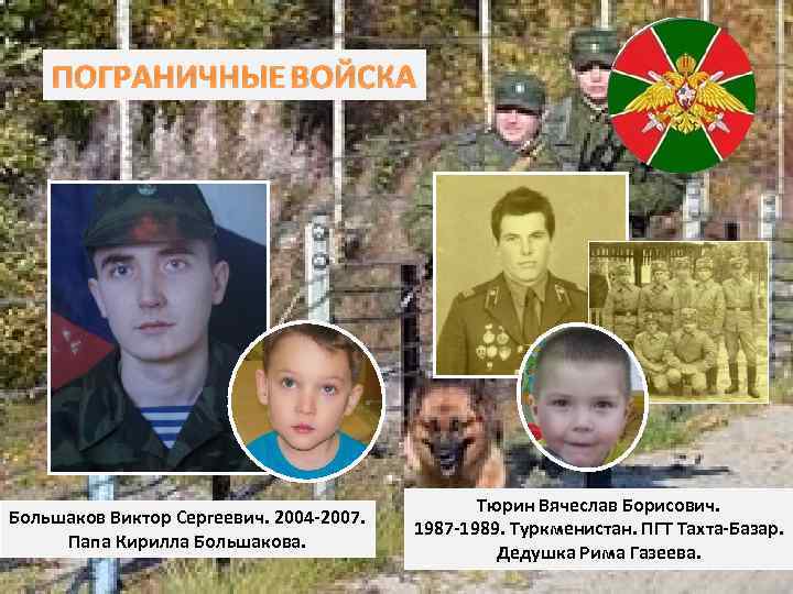 ПОГРАНИЧНЫЕ ВОЙСКА Большаков Виктор Сергеевич. 2004 -2007. Папа Кирилла Большакова. Тюрин Вячеслав Борисович. 1987