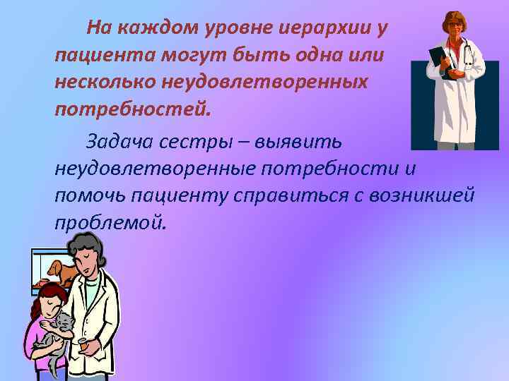 На каждом уровне иерархии у пациента могут быть одна или несколько неудовлетворенных потребностей. Задача