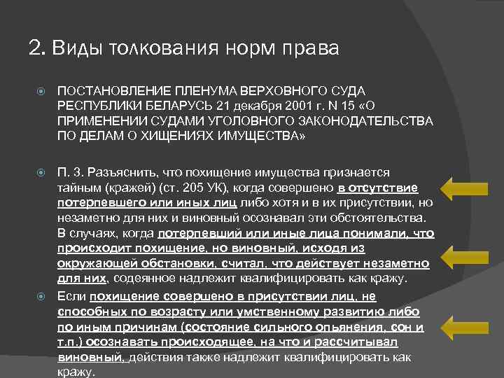 2. Виды толкования норм права ПОСТАНОВЛЕНИЕ ПЛЕНУМА ВЕРХОВНОГО СУДА РЕСПУБЛИКИ БЕЛАРУСЬ 21 декабря 2001