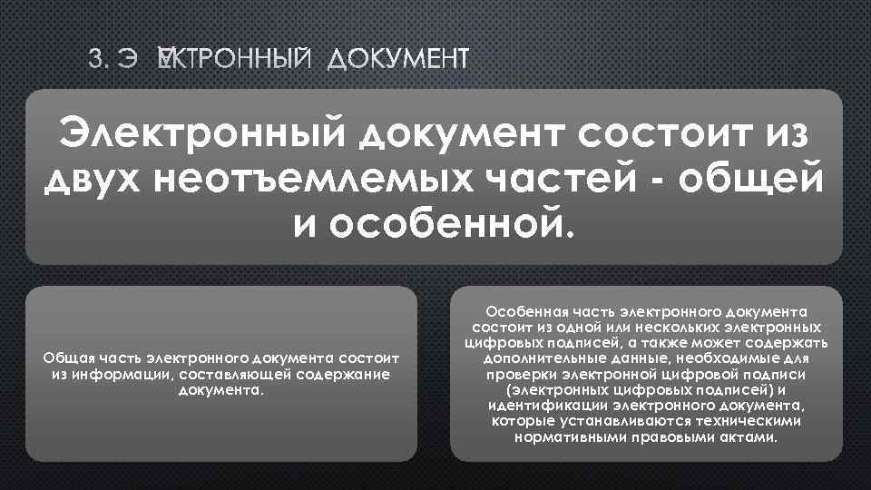 3. ЭЛЕКТРОННЫЙ ДОКУМЕНТ Электронный документ состоит из двух неотъемлемых частей - общей и особенной.