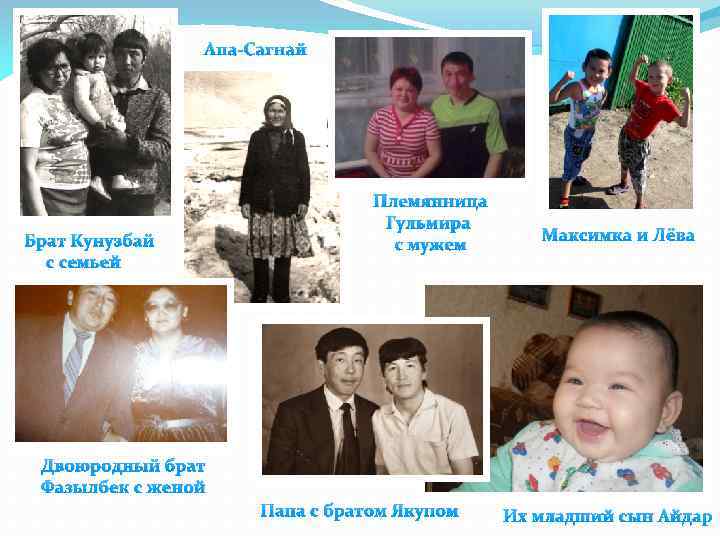 Апа-Сагнай Брат Кунузбай с семьей Племянница Гульмира с мужем Максимка и Лёва Двоюродный брат