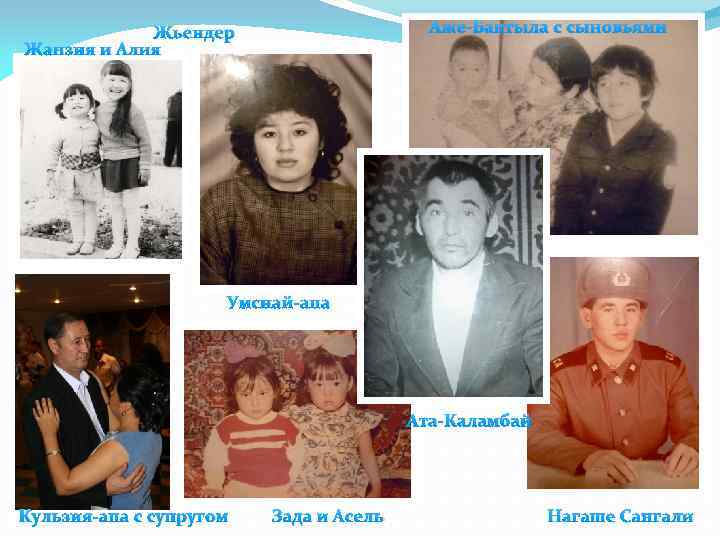 Аже-Бактыла с сыновьями Жьендер Жанзия и Алия Умснай-апа Ата-Каламбай Кульзия-апа с супругом Зада и