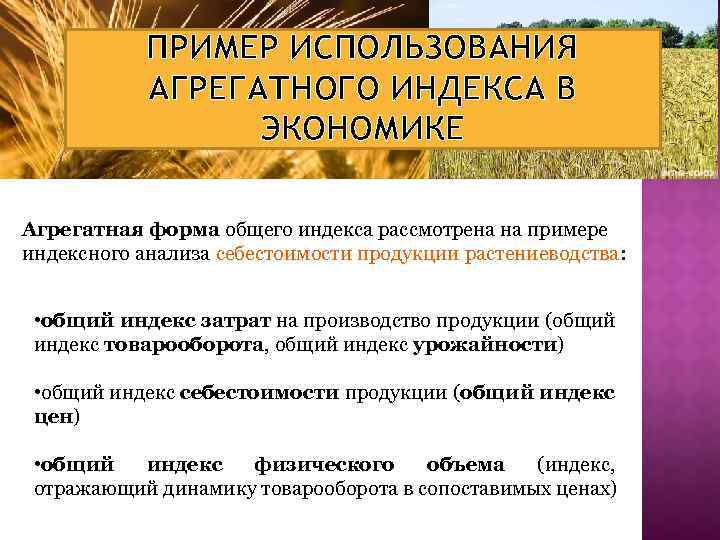 ПРИМЕР ИСПОЛЬЗОВАНИЯ АГРЕГАТНОГО ИНДЕКСА В ЭКОНОМИКЕ Агрегатная форма общего индекса рассмотрена на примере индексного