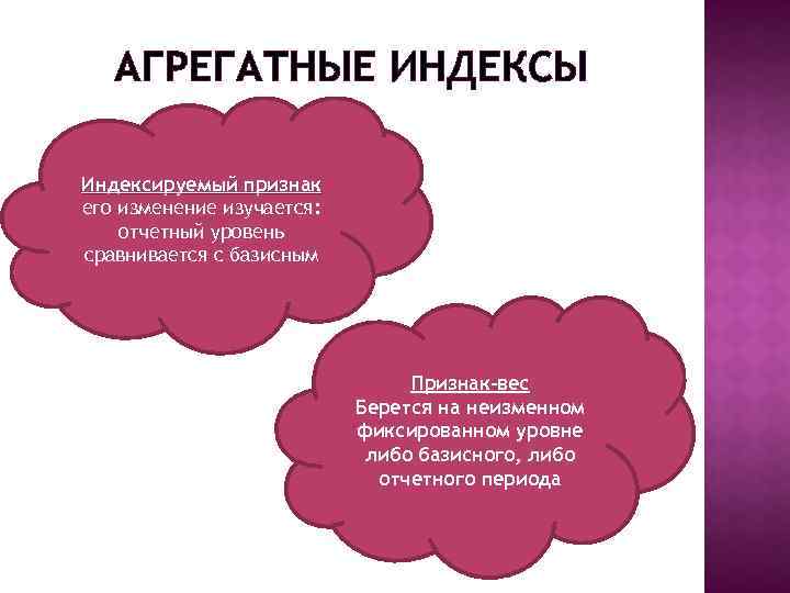 АГРЕГАТНЫЕ ИНДЕКСЫ Индексируемый признак его изменение изучается: отчетный уровень сравнивается с базисным Признак-вес Берется