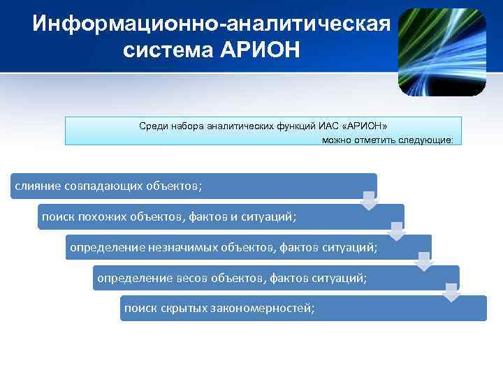 Информационно-аналитическая система АРИОН Среди набора аналитических функций ИАС «АРИОН» можно отметить следующие: слияние совпадающих