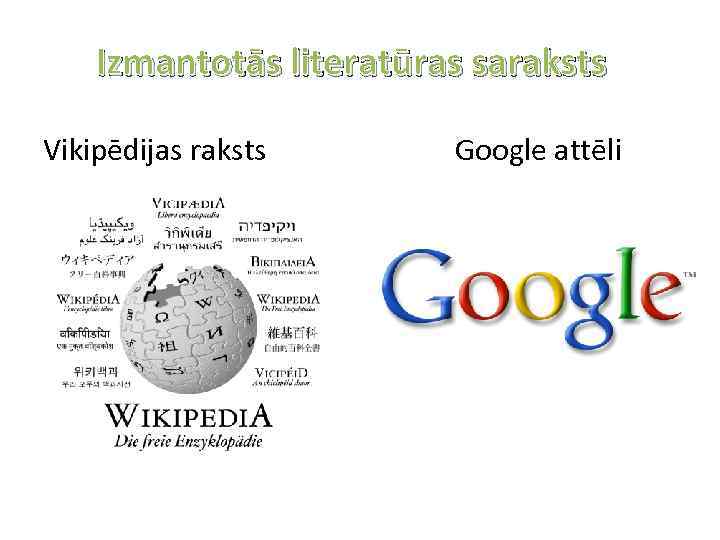 Izmantotās literatūras saraksts Vikipēdijas raksts Google attēli 