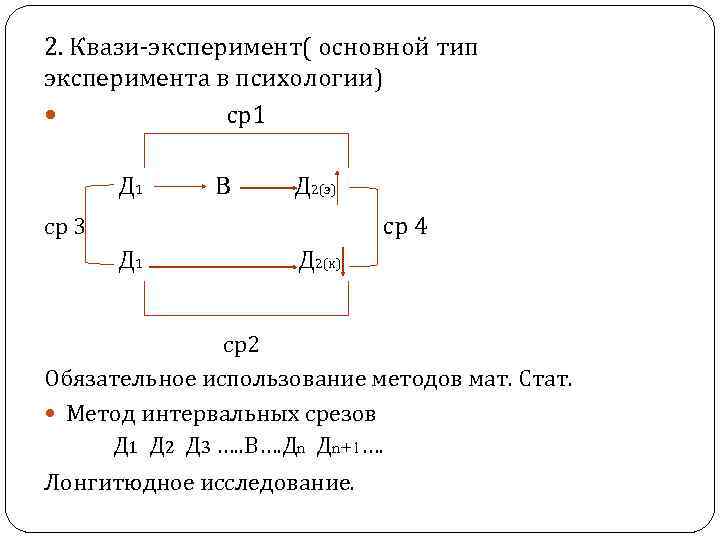 2. Квази-эксперимент( основной тип эксперимента в психологии) ср1 Д 1 В Д 2(э) ср