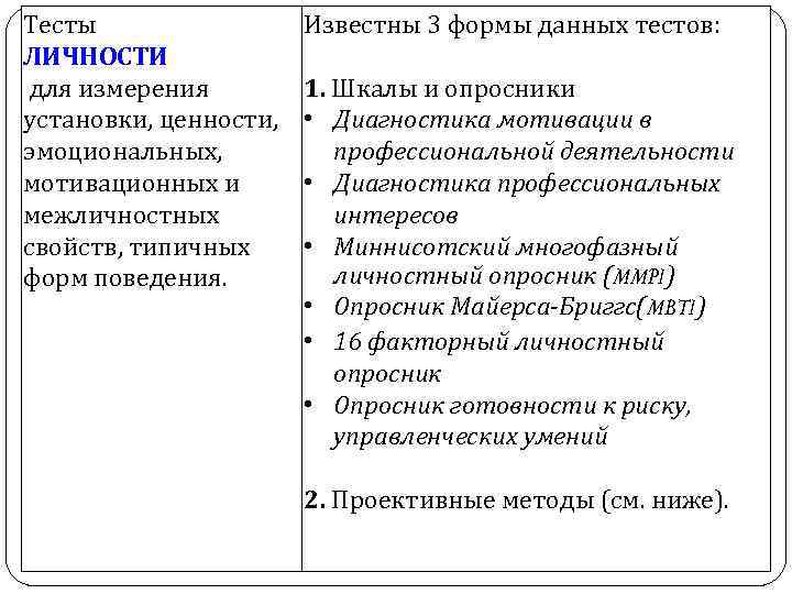 Тесты ЛИЧНОСТИ для измерения установки, ценности, эмоциональных, мотивационных и межличностных свойств, типичных форм поведения.