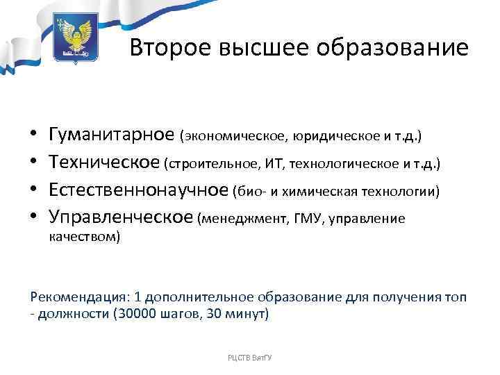 Второе высшее образование • • Гуманитарное (экономическое, юридическое и т. д. ) Техническое (строительное,