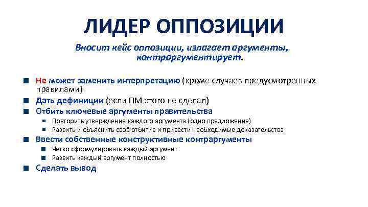 ЛИДЕР ОППОЗИЦИИ Вносит кейс оппозиции, излагает аргументы, контраргументирует. Не может заменить интерпретацию (кроме случаев