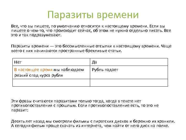 Паразиты времени Все, что вы пишете, по умолчанию относится к настоящему времени. Если вы