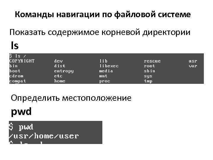 Команды навигации по файловой системе Показать содержимое корневой директории ls Определить местоположение pwd 