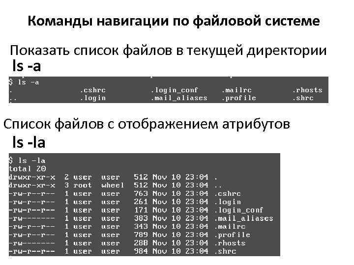 Команды навигации по файловой системе Показать список файлов в текущей директории ls -a Список