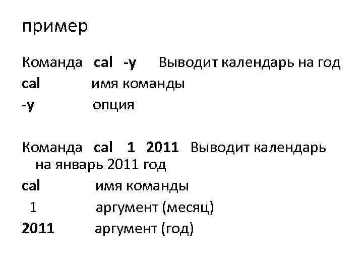 пример Команда cal -y Выводит календарь на год cal имя команды -y опция Команда