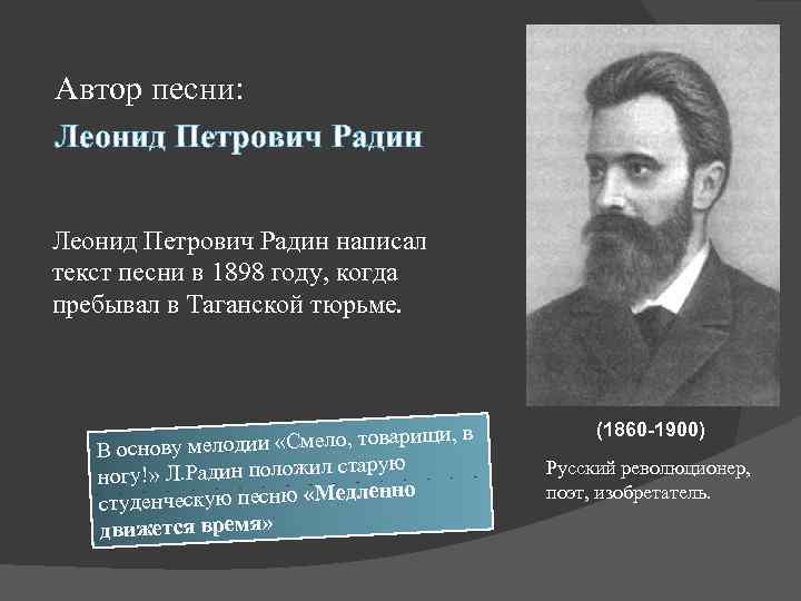 Автор песни: Леонид Петрович Радин написал текст песни в 1898 году, когда пребывал в
