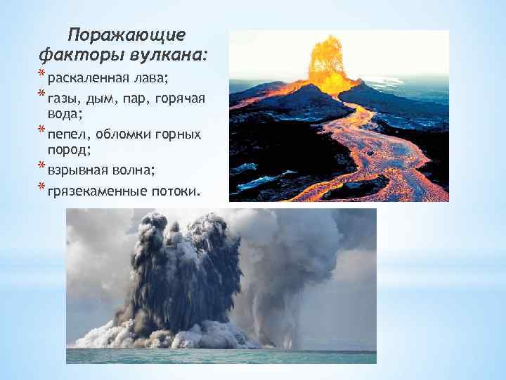 Поражающие факторы вулкана: * раскаленная лава; * газы, дым, пар, горячая вода; * пепел,
