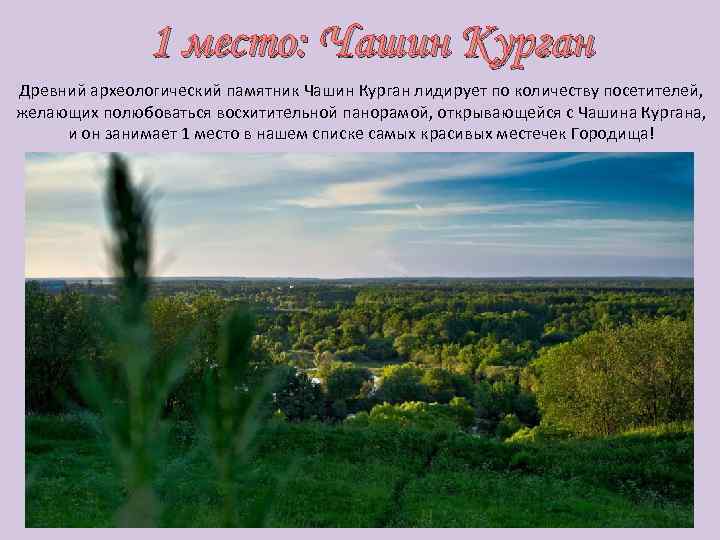 1 место: Чашин Курган Древний археологический памятник Чашин Курган лидирует по количеству посетителей, желающих