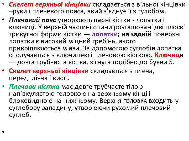  • Скелет верхньої кінцівки складається з вільної кінцівки –руки і плечевого пояса, який