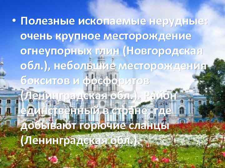  • Полезные ископаемые нерудные: очень крупное месторождение огнеупорных глин (Новгородская обл. ), небольшие