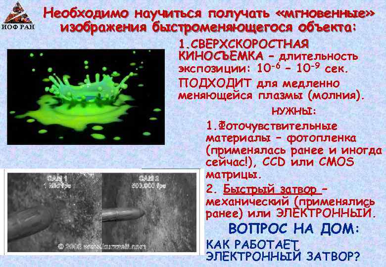 ИОФ РАН Необходимо научиться получать «мгновенные» изображения быстроменяющегося объекта: 1. СВЕРХСКОРОСТНАЯ КИНОСЪЕМКА – длительность