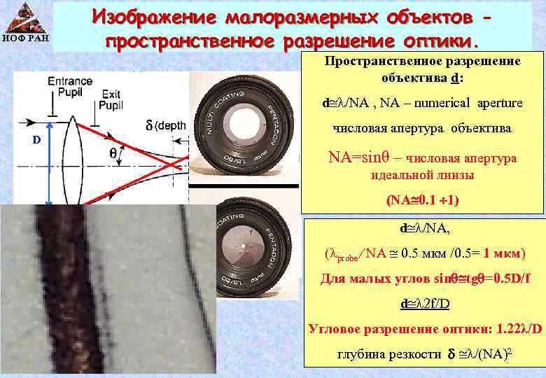 ИОФ РАН Изображение малоразмерных объектов пространственное разрешение оптики. Пространственное разрешение объектива d: d /NA