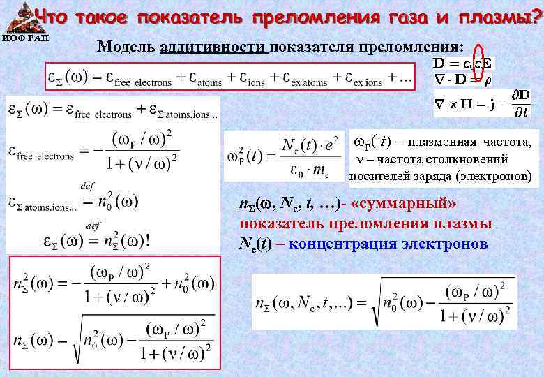 Что такое показатель преломления газа и плазмы? ИОФ РАН Модель аддитивности показателя преломления: P(