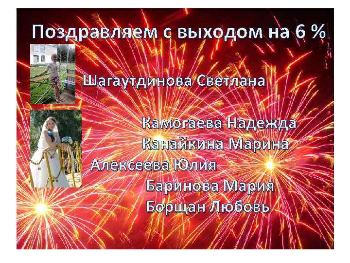 Поздравляем с выходом на 6 % Шагаутдинова Светлана Камогаева Надежда Канайкина Марина Алексеева Юлия