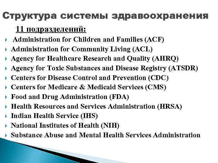 Структура системы здравоохранения 11 подразделений: Administration for Children and Families (ACF) Administration for Community