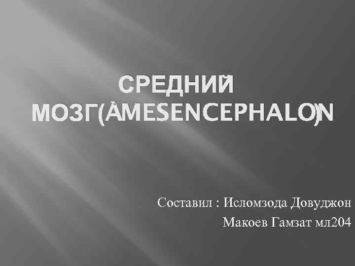 СРЕДНИЙ МОЗГ( MESENCEPHALON ) Составил : Исломзода Довуджон Макоев Гамзат мл 204 