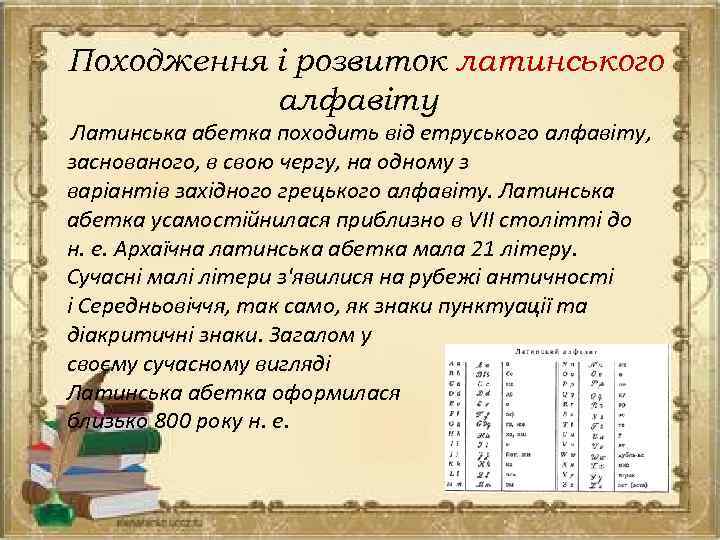 Походження і розвиток латинського алфавіту Латинська абетка походить від етруського алфавіту, заснованого, в свою