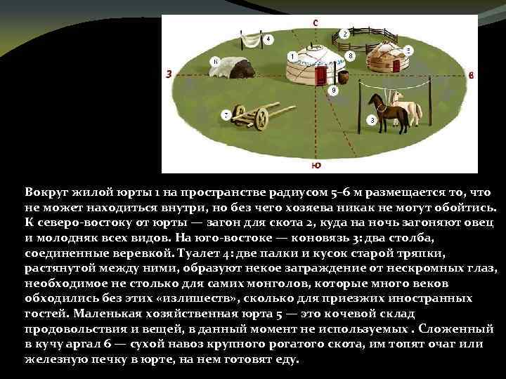 Вокруг жилой юрты 1 на пространстве радиусом 5– 6 м размещается то, что не