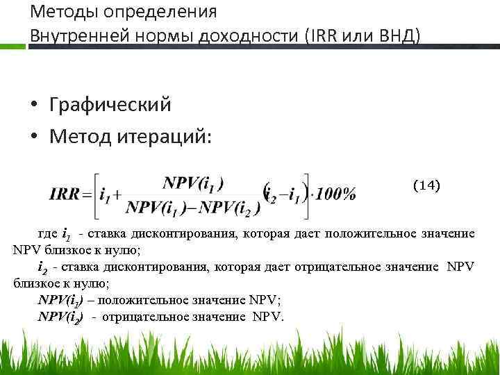 Методы определения Внутренней нормы доходности (IRR или ВНД) • Графический • Метод итераций: (14)