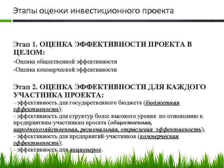 Этапы оценки инвестиционного проекта Этап 1. ОЦЕНКА ЭФФЕКТИВНОСТИ ПРОЕКТА В ЦЕЛОМ: -Оценка общественной эффективности