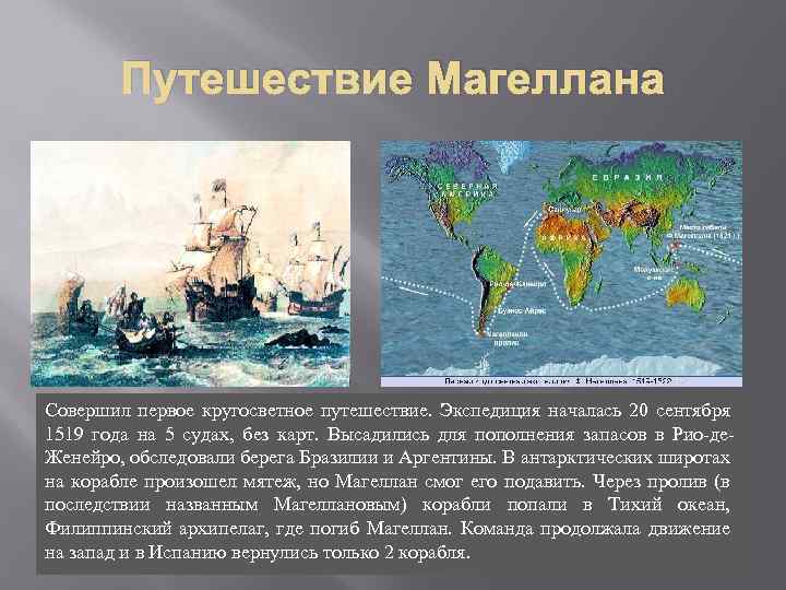 Путешествие Магеллана Совершил первое кругосветное путешествие. Экспедиция началась 20 сентября 1519 года на 5