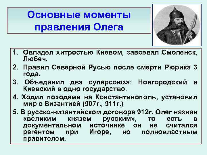 Основные моменты правления Олега 1. Овладел хитростью Киевом, завоевал Смоленск, Любеч. 2. Правил Северной