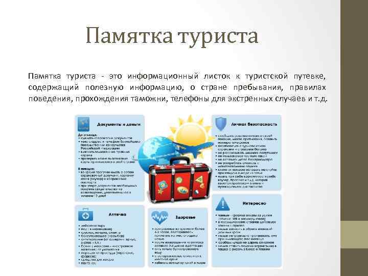 Памятка туриста - это информационный листок к туристской путевке, содержащий полезную информацию, о стране