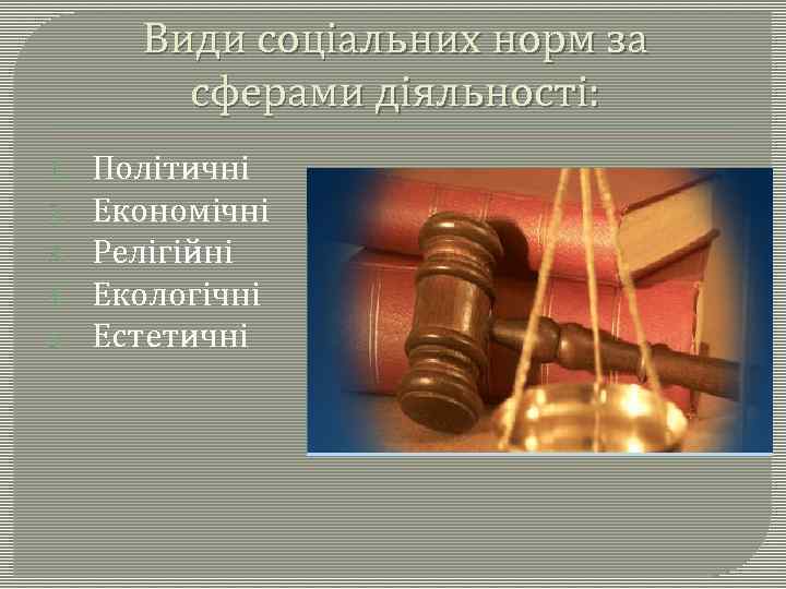Види соціальних норм за сферами діяльності: 1. 2. 3. 4. 5. Політичні Економічні Релігійні