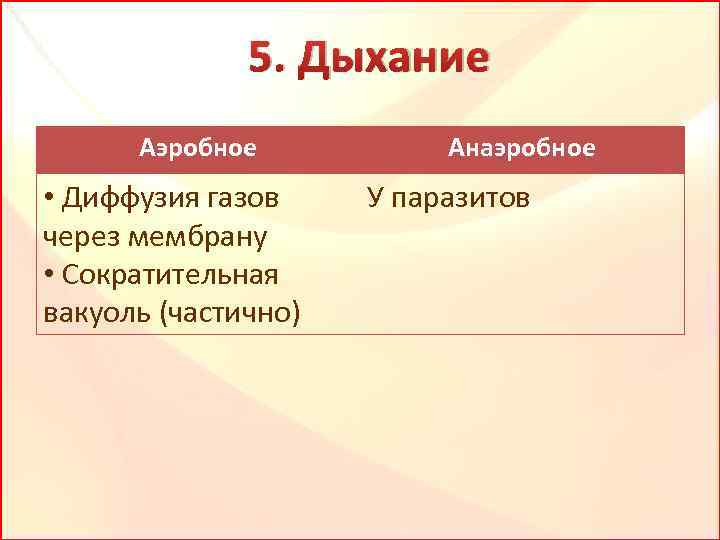 5. Дыхание Аэробное • Диффузия газов через мембрану • Сократительная вакуоль (частично) Анаэробное У